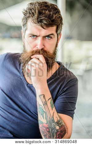 Hipster Fashion. Waiting And Tinking. Brutal Male Needs Barber. Mature Hipster With Beard Hair. Thou