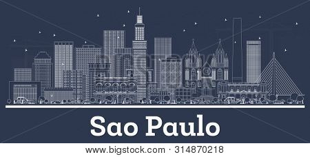 Outline Sao Paulo Brazil City Skyline with White Buildings. Business Travel and Tourism Concept with Historic Architecture. Sao Paulo Cityscape with Landmarks.