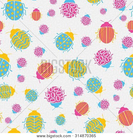 Fun And Funky Pink, Yellow And Blue Beetle Seamless Repeat Vector Pattern. Suitable For Textiles, St