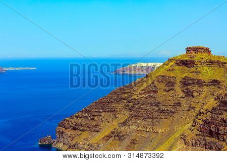 Santorini, Greece Panorama Banner Of Island Skaros Rock And Oia Village