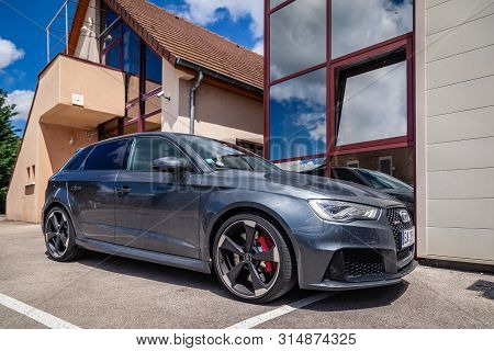 France Lyon 2019-06-20 Closeup Side View Of Premium Sports Car Dark Gray Hatchback Audi Rs 3, Low Pr