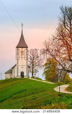 Autumn Sunrise, Saints Primus And Felician Church On Top Of Hill In Slovenian Countryside, Slovenia