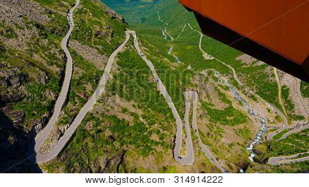 Trolls Path Trollstigen Winding Scenic Mountain Road With Many Cars, Norway Europe. National Tourist
