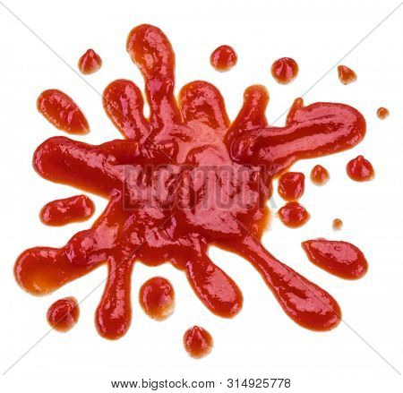 Ketchup puddle with ketchup splashes on white background. Top view.