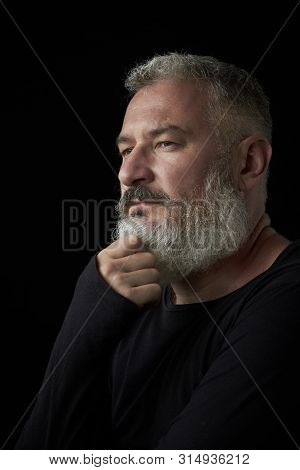 Portrait Of A Brutal Gray Haired Man With A Gray Lush Beard And Strict Face On A Black Background, S