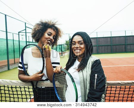 Young Pretty Girlfriends Hanging On Tennis Court, Fashion Stylish Dressed Swag, Best Friends Happy S