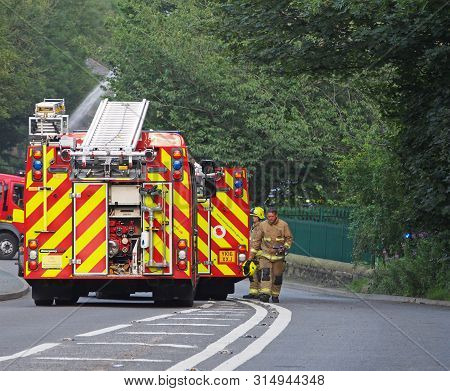 Hebden Bridge, West Yorkshire, United Kingdom - 1 August 2019: Fire Engines In The Road At The Forme