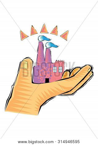 Clip Art Of Hand Holding A Sand Castle Isolated On A White Background