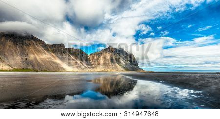 Splendid Sunny Day And Gorgeous Reflection Of Vestrahorn Mountaine On Stokksnes Cape In Iceland. Loc