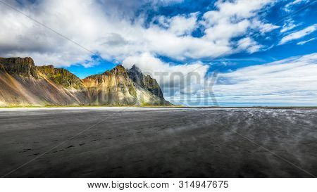 Splendid Sunny Day And Gorgeous Reflection Of Vestrahorn Mountaine On Stokksnes Cape In Iceland. Loc