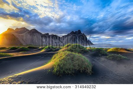 Fantastic Sunny Day And Gorgeous Black Sand Dunes On Stokksnes Cape In Iceland. Location: Stokksnes 