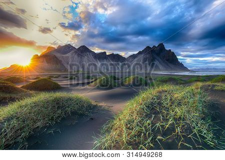 Fantastic Sunny Day And Gorgeous Black Sand Dunes On Stokksnes Cape In Iceland. Location: Stokksnes 