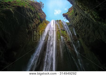 Gljufrabui Waterfall Cascade In Iceland. Location: Gljufrabui Waterfall, Part Of The River Seljaland