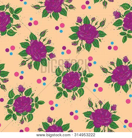 Vector Illustration. Purple Rose Bunches With Colorful Spray Paint Dots On Top. Seamless Repeat Patt