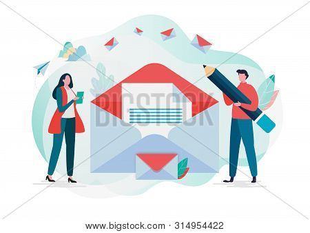 People hold mail. Working process, New email message, mail notification. Social network,chatting,reading letter, New incoming message, sms, spam. Vector illustration background. Flat cartoon character