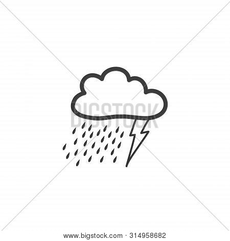 Rain With Thunderstorms And Lightning. A Symbol Of The Weather. Vector Drawing By Hand In The Style 