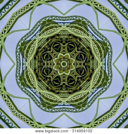 Square Circular Green Metal Bars Design Created Using Reflections In A Rounded Shape From A Bridge I