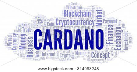Cardano Cryptocurrency Coin Word Cloud. Word Cloud Made With Text Only.