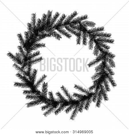 Christmas Wreath In The Style Of A Sketch Of A Christmas Tree And Cones Isolated On White Background