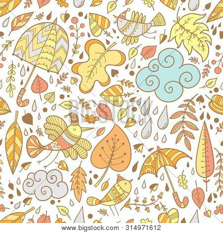 Seamless Pattern With Cute Cartoon Birds And Umbrellas On White  Background. Falling Leaves. Rainy W
