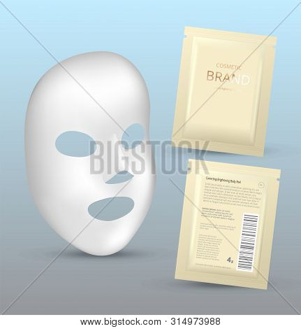 Plastic Packaging With Sheet Mask. Blank Foil Or Plastic Sachet For Food Or Medicines. Design Templa