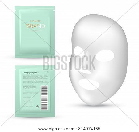 Plastic Packaging With Sheet Mask. Blank Foil Or Plastic Sachet For Food Or Medicines. Design Templa