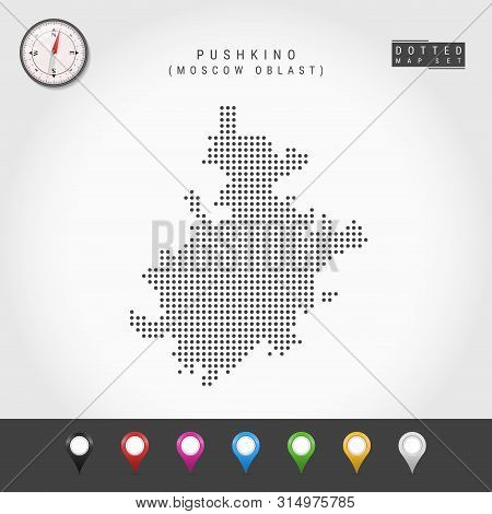 Dots Map Of Pushkino, Moscow Oblast. Simple Silhouette Of Pushkino. Vector Compass. Multicolored Map