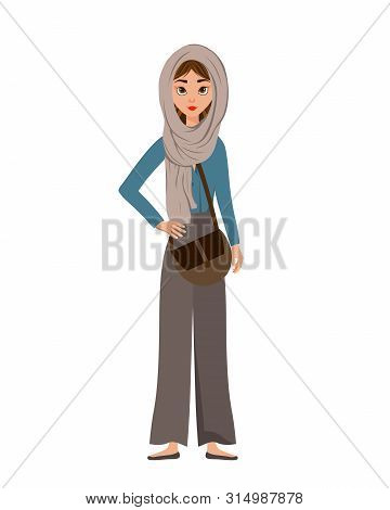Woman Holiday Character In A Scarf With A Bag On White Background. Vector Illustration.