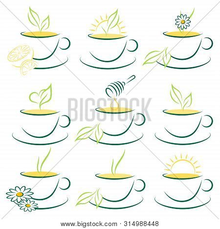 Set Of Nine Drawn Cups Of Tea Green And Yellow