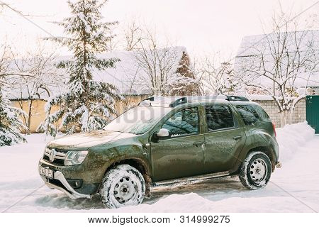 Gomel, Belarus - January 10, 2019: Renault Duster Or Dacia Duster Suv Parked In Snowy Forest. Duster