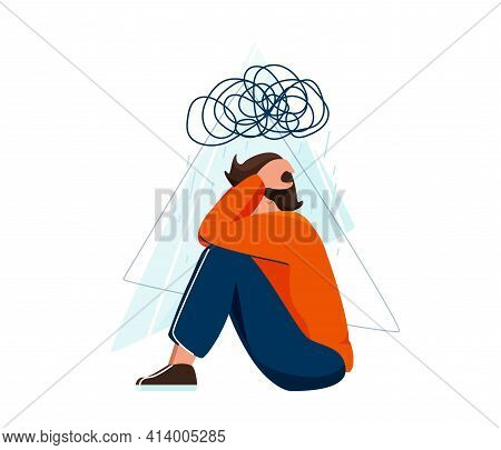 Mental Health Vector Illustration. Sad Depressed Man Sitting And Holding His Head, A Cloud Of Chaos 