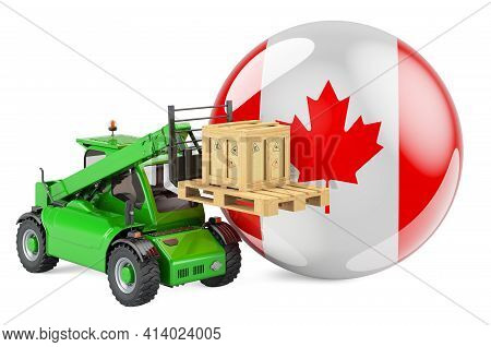 Canadian Flag With Telescopic Handler Truck And Parcel. Cargo Shipping In Canadia Concept, 3d Render