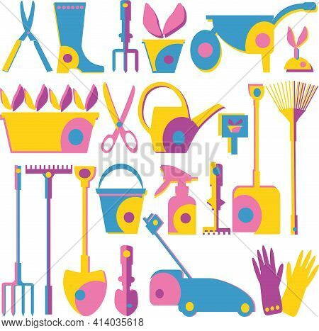 An Image Of A Vegetable Garden And Gardening Tools. Gardener Day.