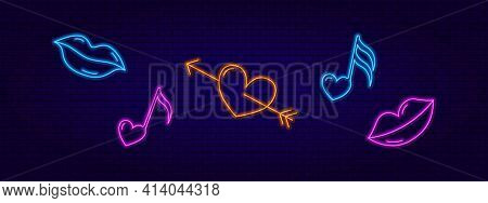 3d Neon Signboard. Neon Design Elements Are Lips, Notes, And An Arrow Heart. Modern Trend Style. Val