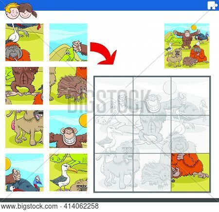 Cartoon Illustration Of Educational Jigsaw Puzzle Game For Children With Funny Wild Animal Character