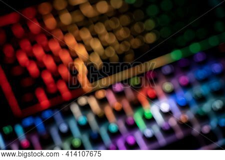 Out Of Focus Top View Detail Closeup Of Two Illuminated Mechanical Gaming Rgb Keyboard With Keycaps 
