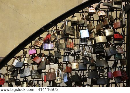 Borghetto (vr),  Italy - April 30, 2017: Love Locks On A Grate In Borghetto Village, Mincio, Verona,