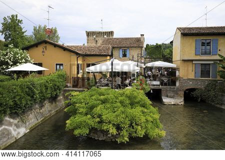 Borghetto (vr),  Italy - April 30, 2017: Borghetto Village View And Mincio River, Mincio, Verona, Ve