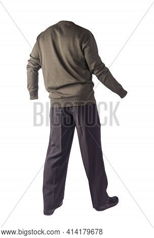Men's Dark Green Knitten Bomber Jacket ,black Pants  And Black  Leather Shoes Isolated On White Back