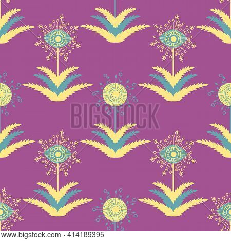 Abstract Dandelion Seeds Seamless Vector Pattern Background.stylized Folk Art Mix Of Herbacious Gard