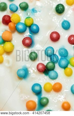 Mmm, So Delicious. Close Up Of Colorful Sprinkles On Donut Or Other Dessert With Sugar Or Chocolate 