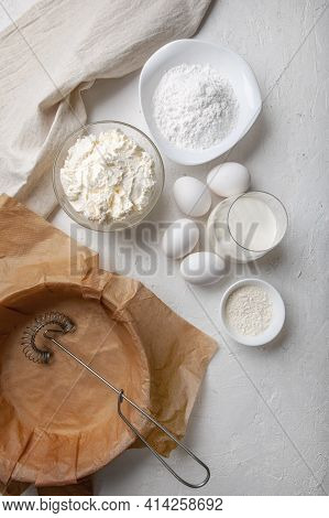 Ingredients For Making Basque Spanish Burnt Saint Sebastian Cheesecake. Cream Cheese, Sugar, Eggs, F