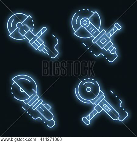 Angle Grinder Icons Set. Outline Set Of Angle Grinder Vector Icons Neon Color On Black
