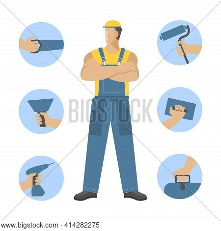 Master Builder And Icons Of Construction, Repair, And Finishing Tools In Your Hands. Vector Characte