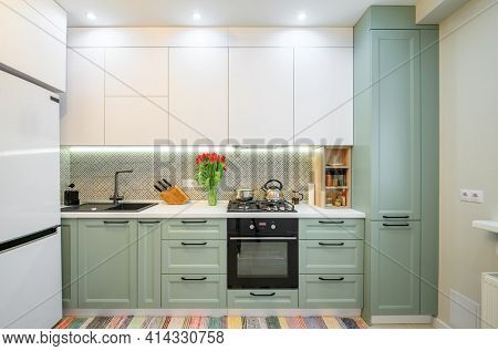 Front view of well designed green-teal and white modern kitchen interior