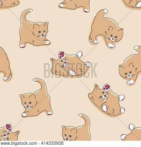 Cats Seamless Pattern. Funny Cartoon Kittens In Different Poses On Beige Color Background. Vector Ha