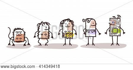 Hand Drawn Cartoon Funny Female Characters And Human Evolution