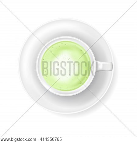 Top View At Cup Of Green Tea Matcha Latte With Milk Foam Isolated On White Background. Realistic Vec