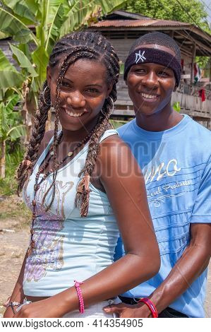 Darien Province, Panama. 07-18-2019. Portrait Of A Smiling Afro-descendents Adolescents Friends In T