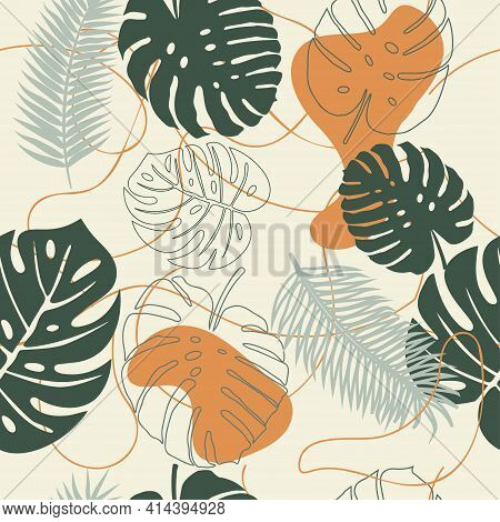 Seamless Pattern Of Large Leaves Of Monstera And Palms